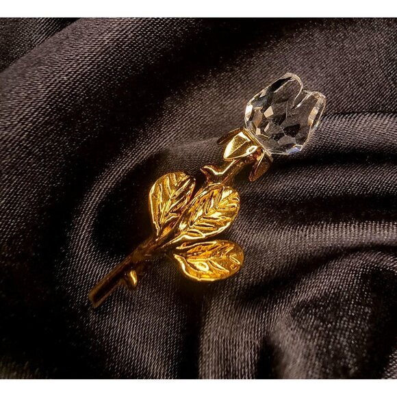 Vintage SWAROVSKI Signed Crystal Gold Tone Tulip Rose Flower Brooch Pin - Picture 3 of 4